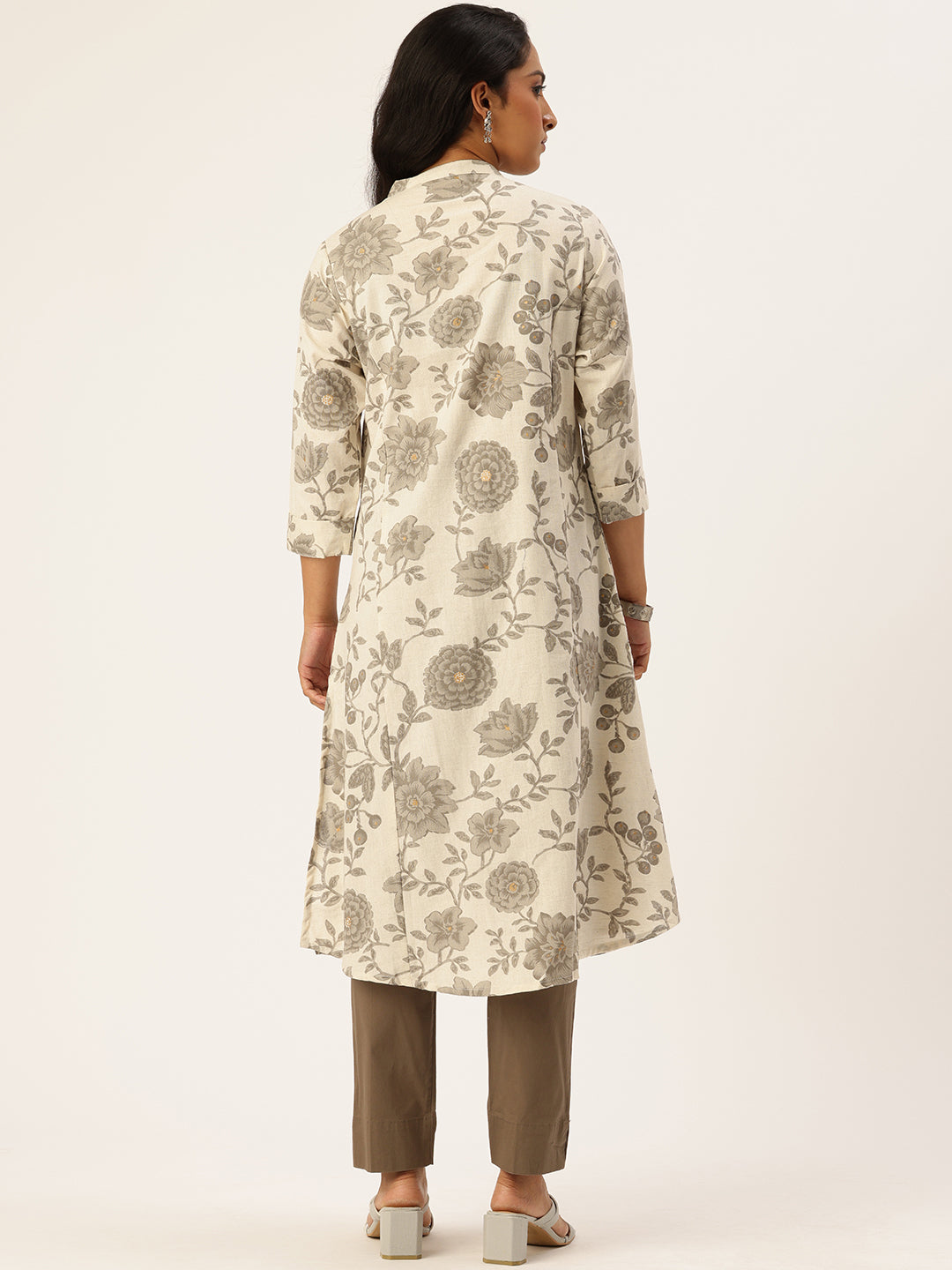 Beige Floral Printed Pure A Line Kurta