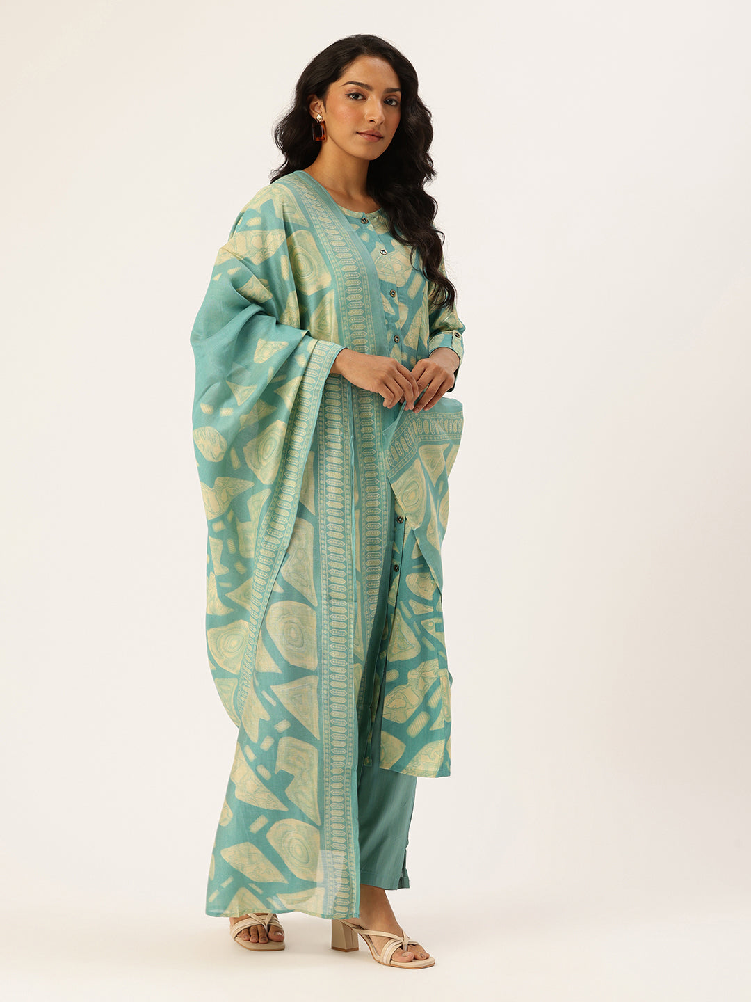 Blue Printed Regular Kurta with Trouser & Dupatta