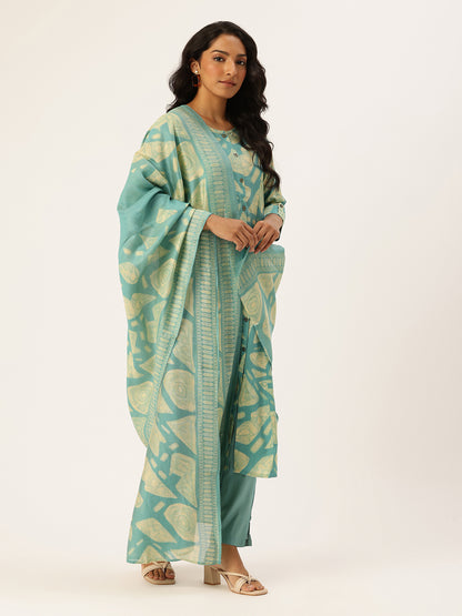 Blue Printed Regular Kurta with Trouser & Dupatta