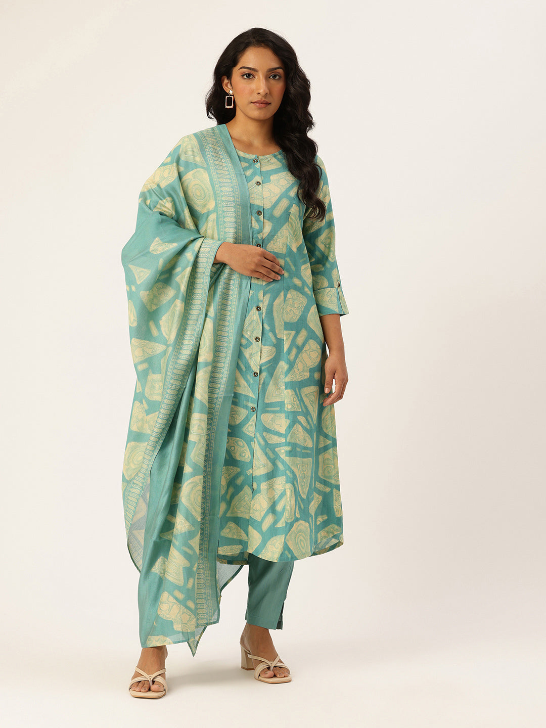 Blue Printed Regular Kurta with Trouser & Dupatta