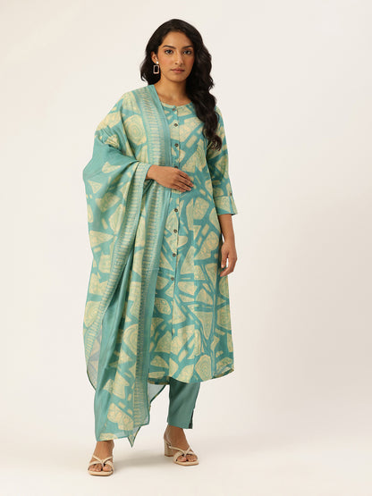 Blue Printed Regular Kurta with Trouser & Dupatta