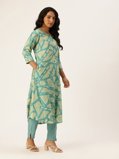 Blue Printed Regular Kurta with Trouser & Dupatta