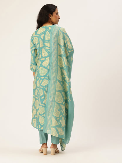 Blue Printed Regular Kurta with Trouser & Dupatta