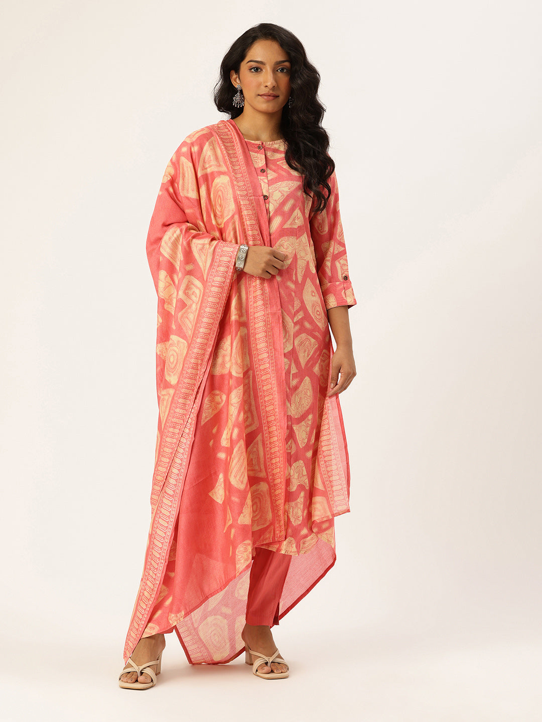 Pink Printed Regular Kurta with Trouser & Dupatta