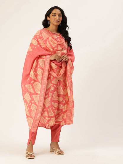 Pink Printed Regular Kurta with Trouser & Dupatta