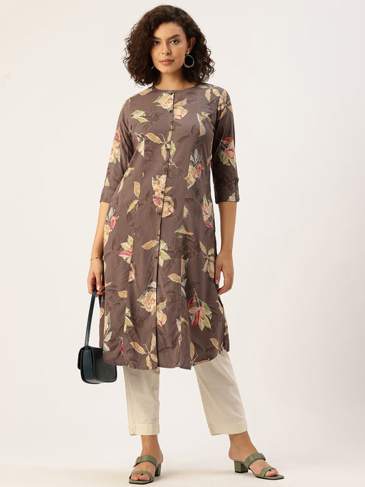 Brown Floral Printed Kurta
