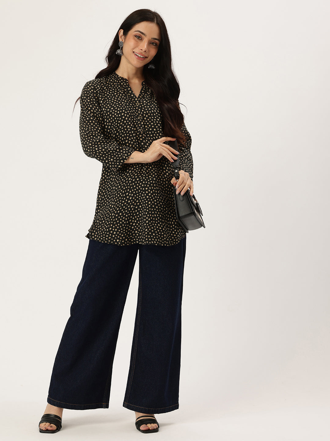 Black Printed Mandarin Collar Tunic