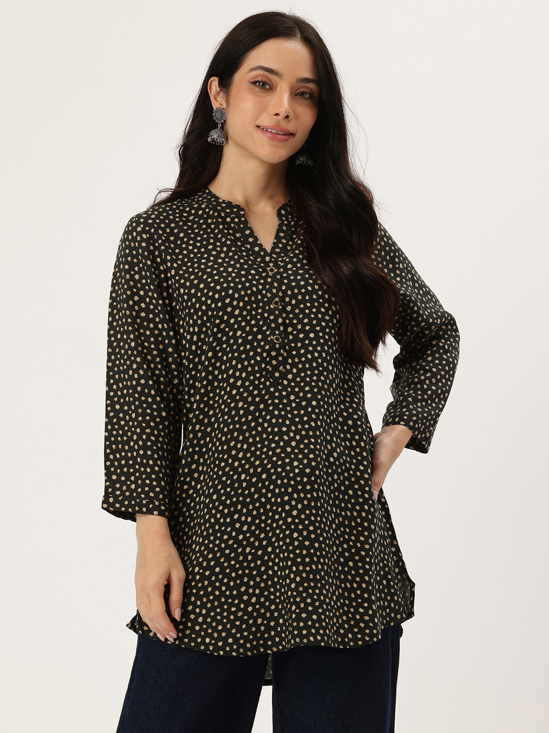 Black Printed Mandarin Collar Tunic