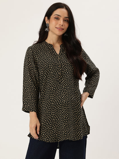 Black Printed Mandarin Collar Tunic