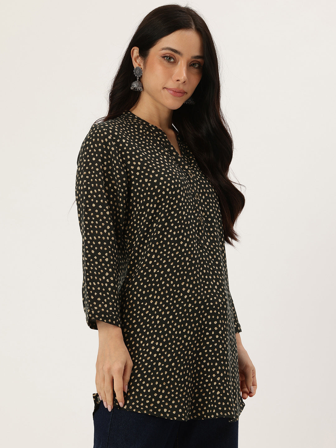 Black Printed Mandarin Collar Tunic