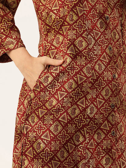 Wine Geometric Printed Kurta
