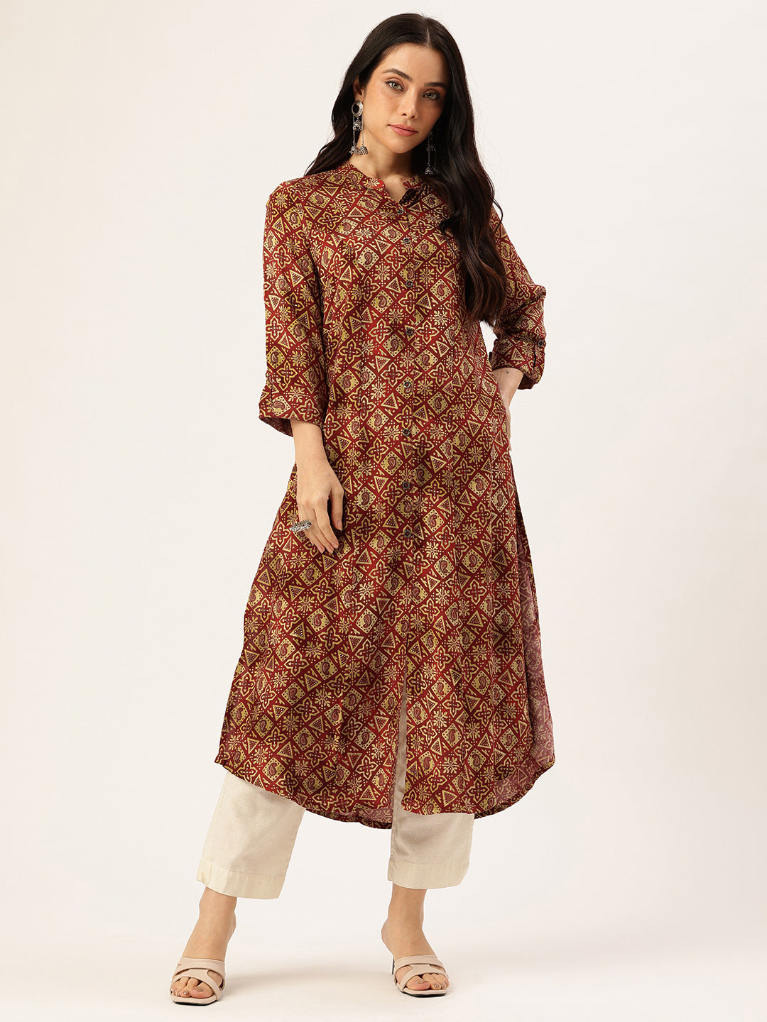 Wine Geometric Printed Kurta