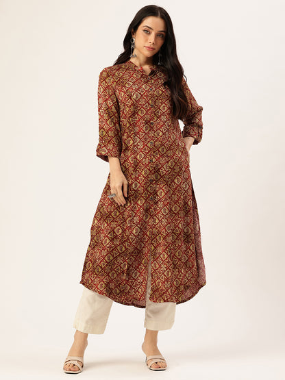 Wine Geometric Printed Kurta