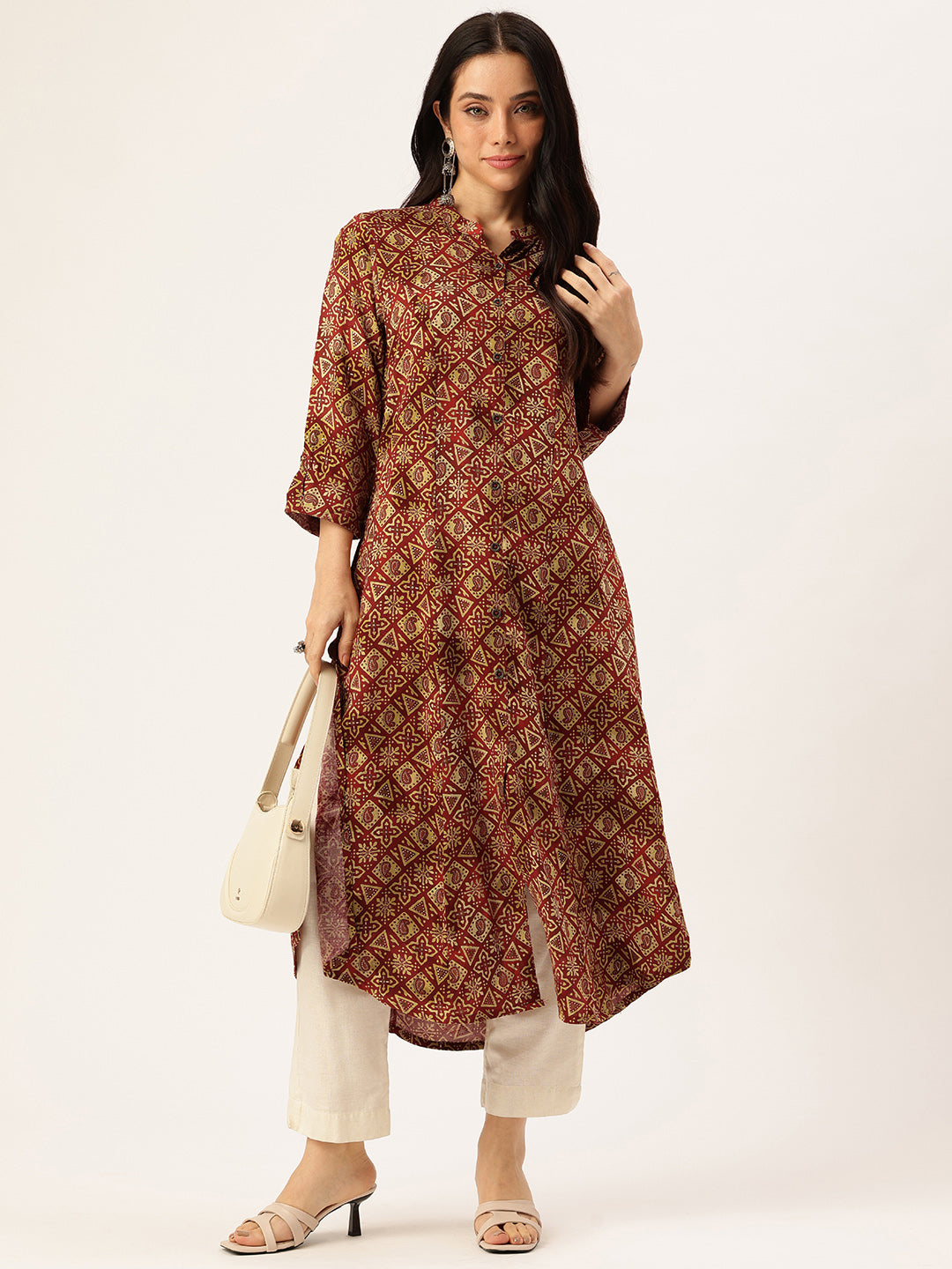 Wine Geometric Printed Kurta