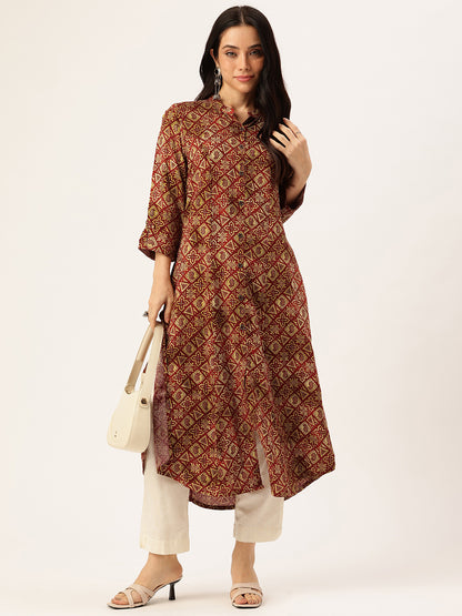 Wine Geometric Printed Kurta