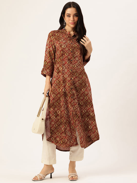 Wine Geometric Printed Kurta