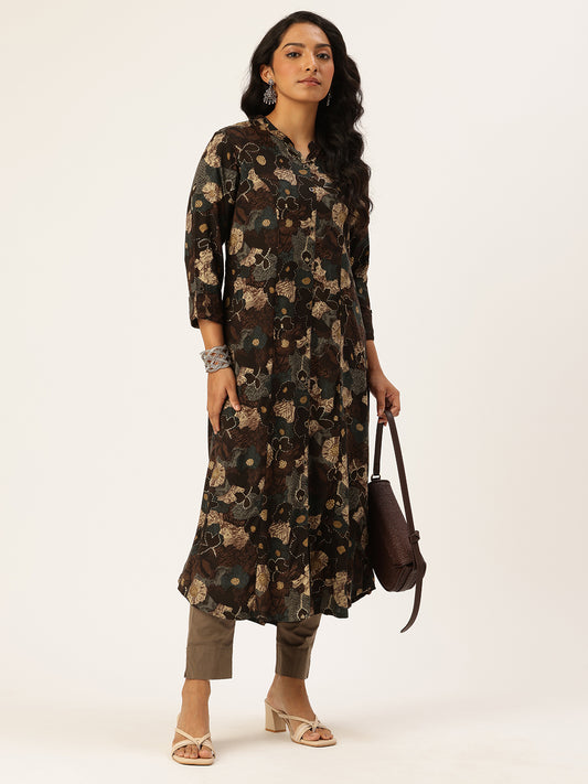 Brown Floral Printed Kurta, Princess Cur Kurta, A-Line Kurta, Floral Print, Mandarin Collar kurta, printed kurta
