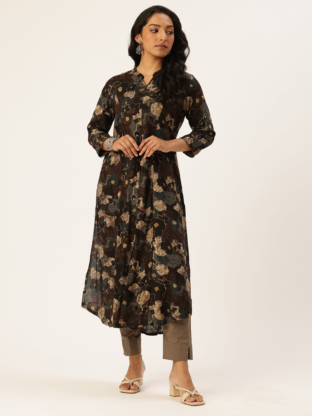 Brown Floral Printed Kurta