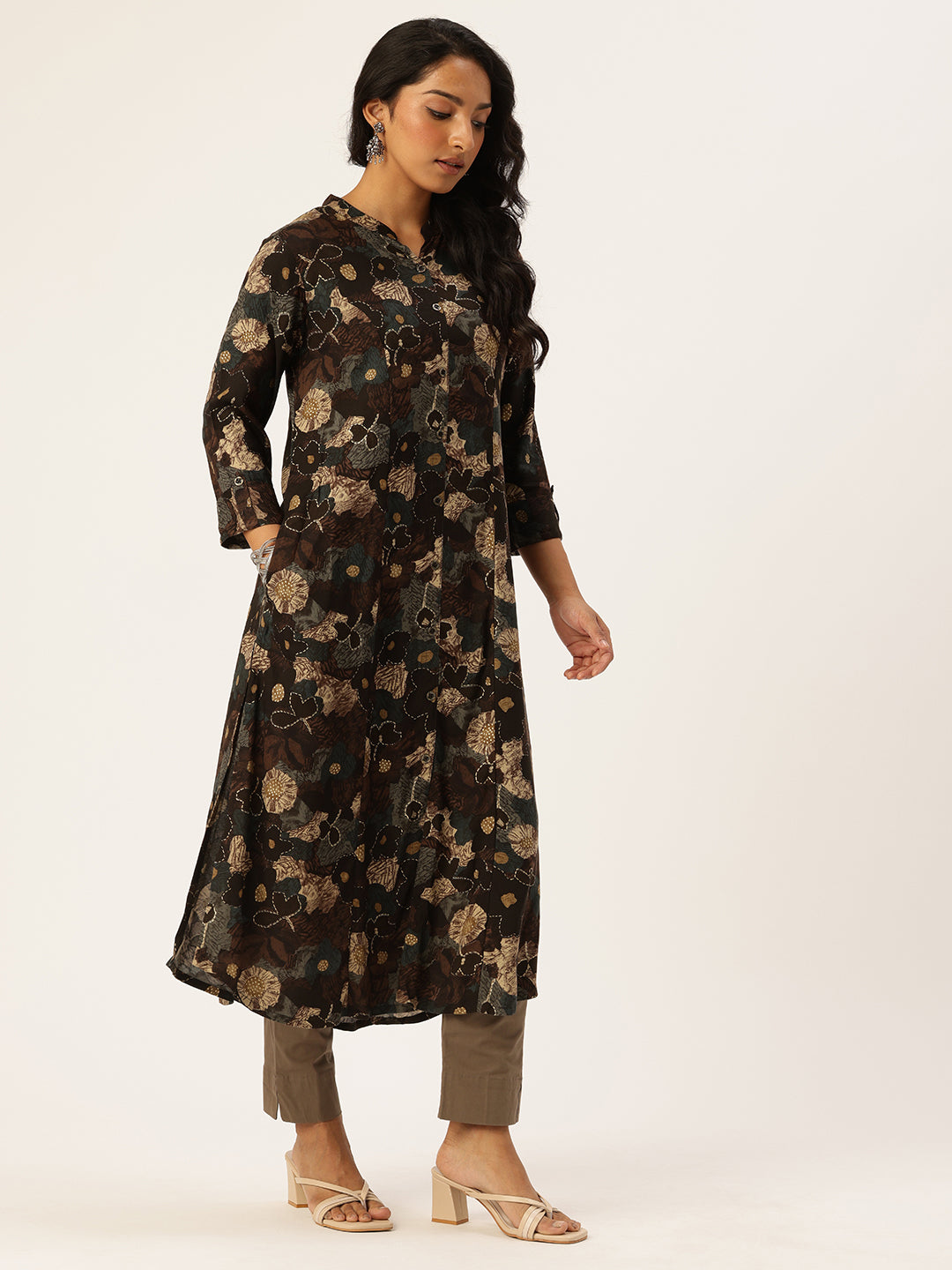 Brown Floral Printed Kurta