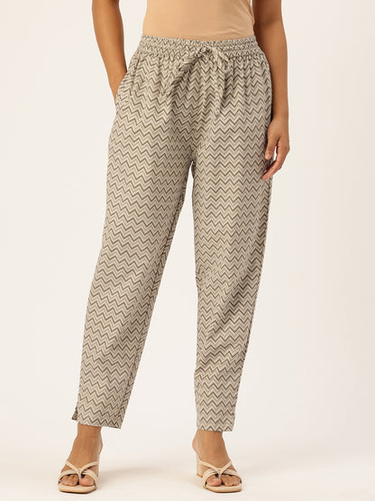 Beige & Grey Zigzag Printed Pencil Pant