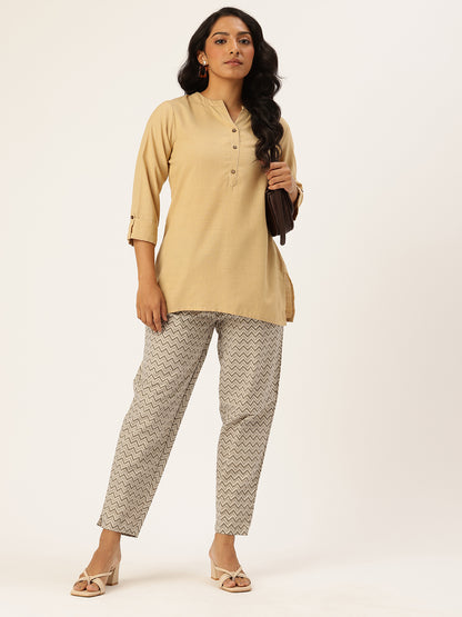 Beige & Grey Zigzag Printed Pencil Pant