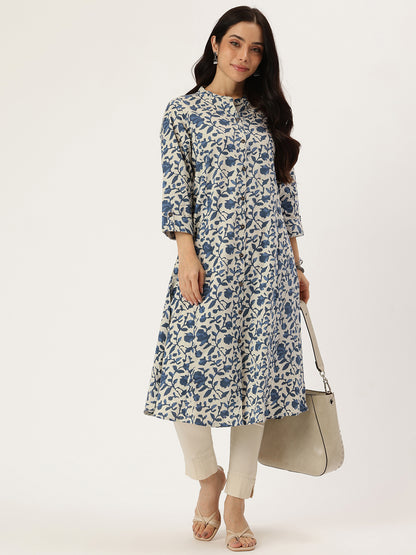 Beige & Blue Printed A Line Kurta