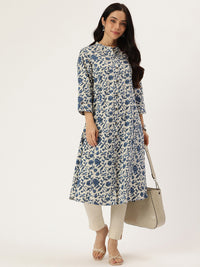 Beige & Blue Printed A Line Kurta, Princess Cur Kurta, A-Line Kurta, Floral Print, Mandarin Collar kurta, printed kurta