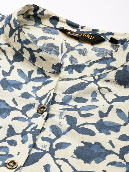 Beige & Blue Printed A Line Kurta