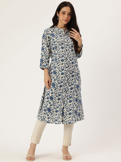 Beige & Blue Printed A Line Kurta