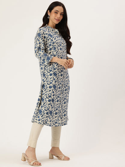 Beige & Blue Printed A Line Kurta