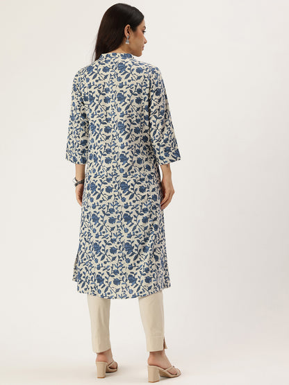 Beige & Blue Printed A Line Kurta
