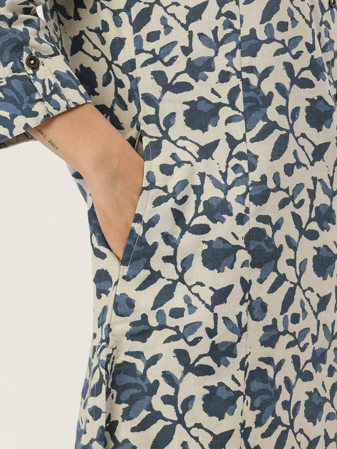 Beige & Blue Printed A Line Kurta