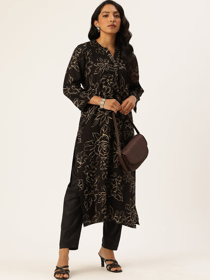 Black Floral Printed Kurta
