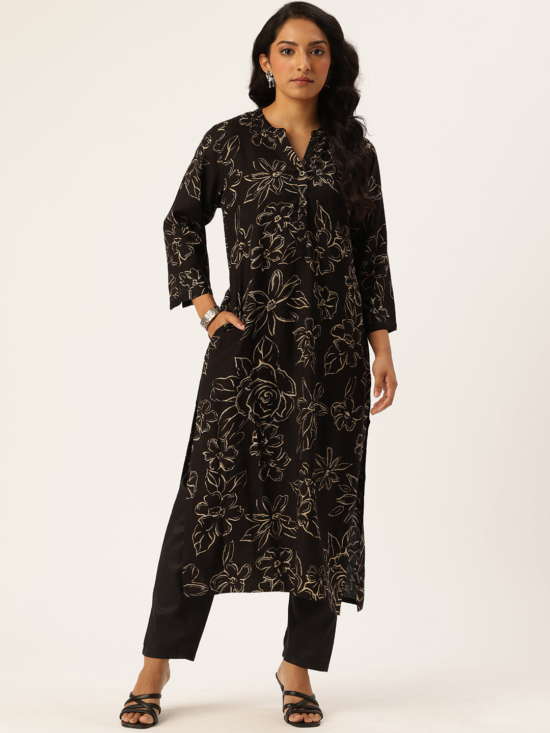 Black Floral Printed Kurta