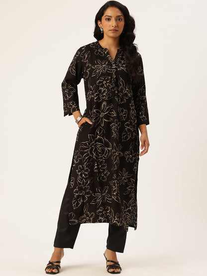 Black Floral Printed Kurta