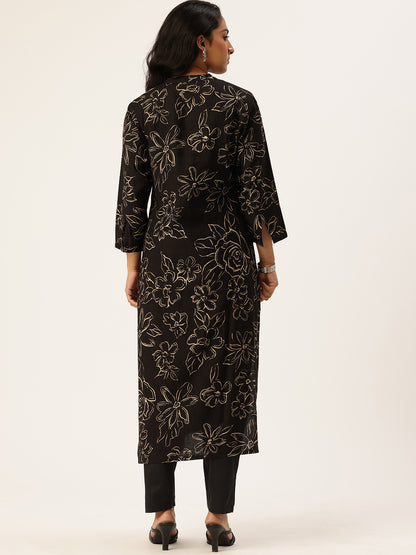 Black Floral Printed Kurta
