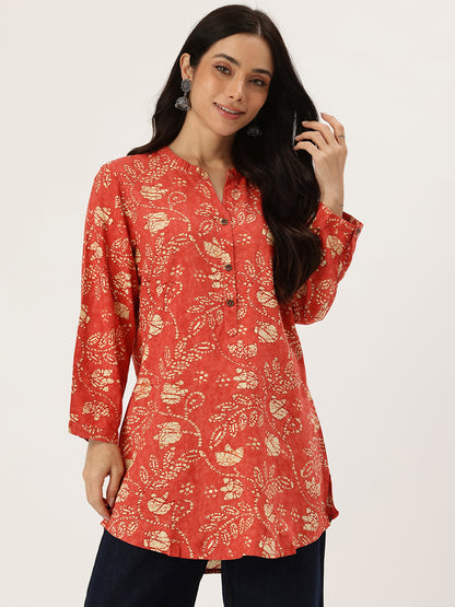 Red Leaf Printed Mandarin Collar Tunic