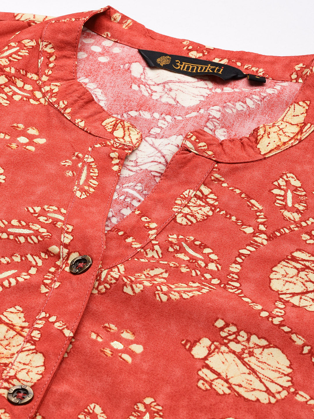 Red Leaf Printed Mandarin Collar Tunic