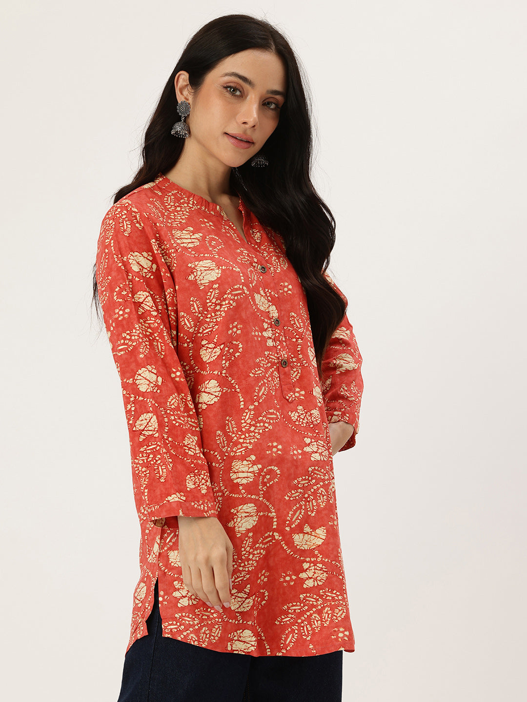 Red Leaf Printed Mandarin Collar Tunic