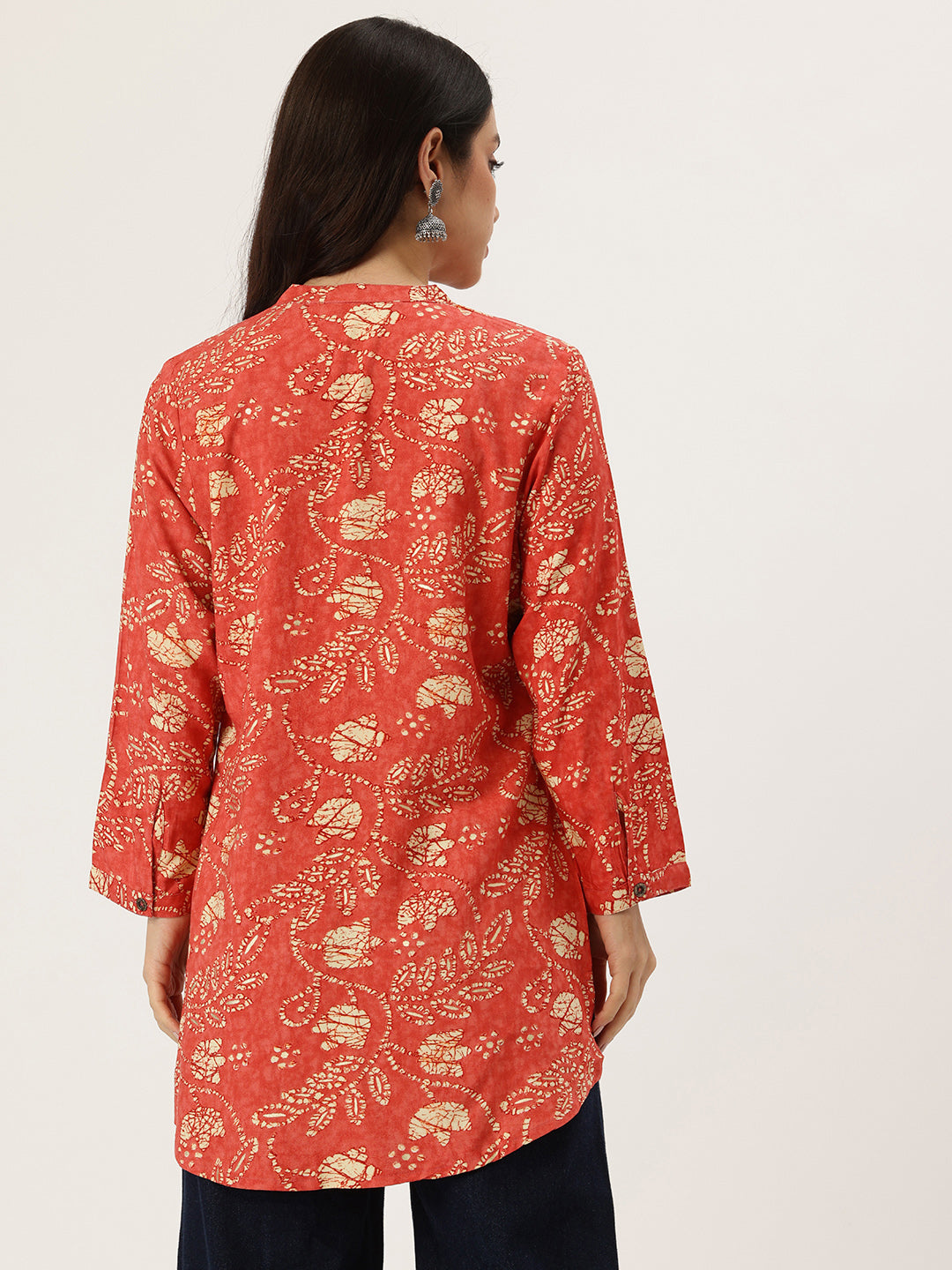 Red Leaf Printed Mandarin Collar Tunic