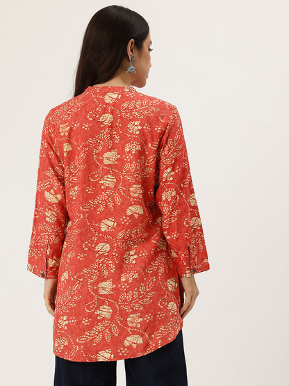 Red Leaf Printed Mandarin Collar Tunic