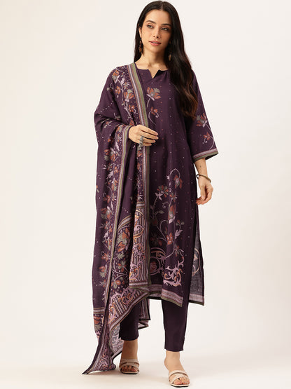 Purple Floral Printed Regular Kurta with Trouser & Dupatta