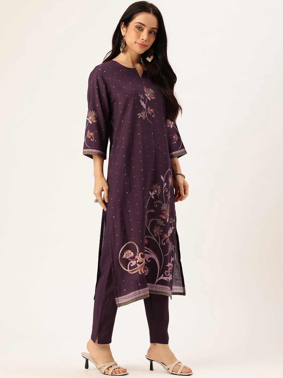 Purple Floral Printed Regular Kurta with Trouser & Dupatta