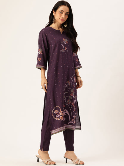 Purple Floral Printed Regular Kurta with Trouser & Dupatta
