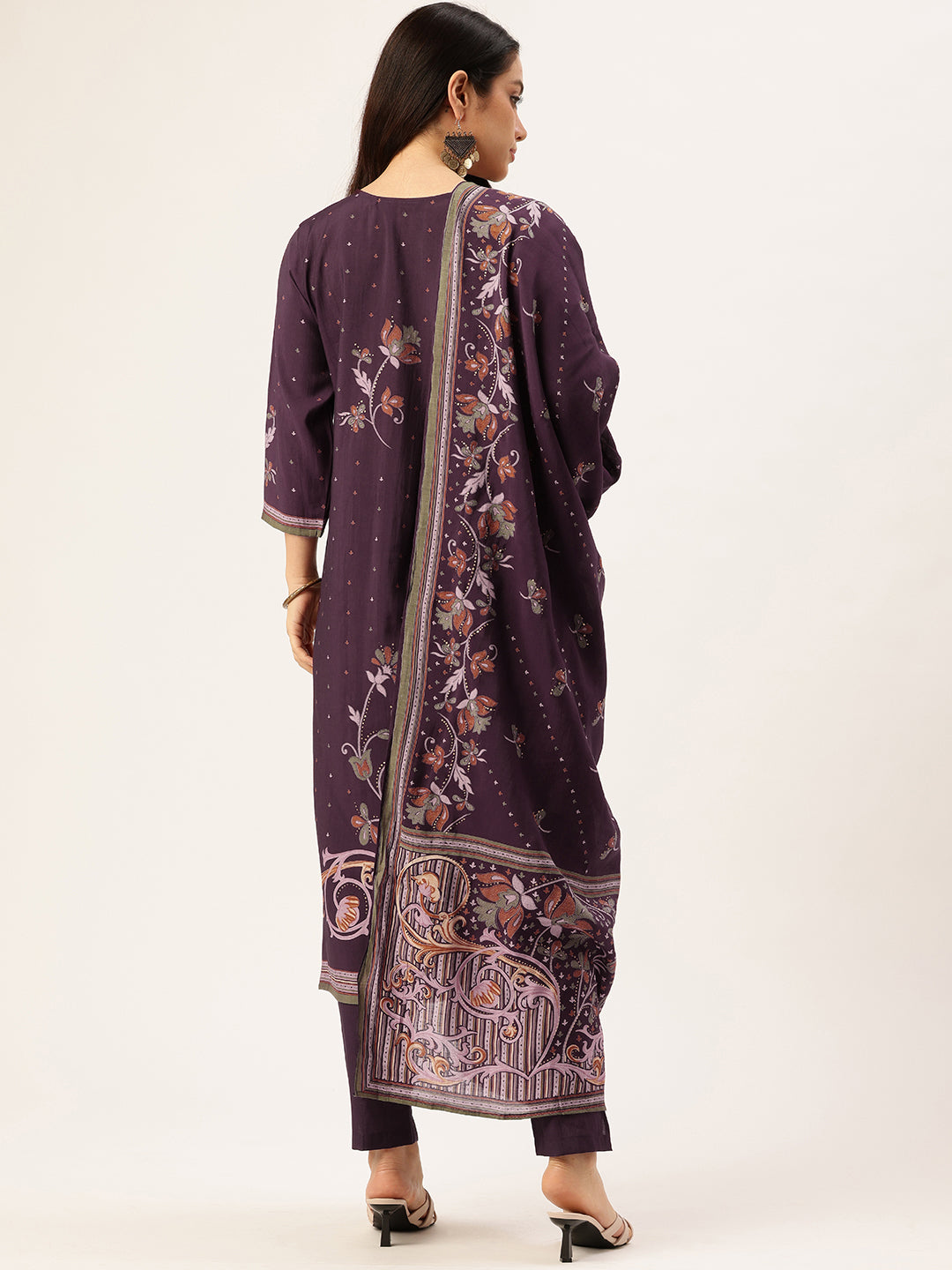 Purple Floral Printed Regular Kurta with Trouser & Dupatta