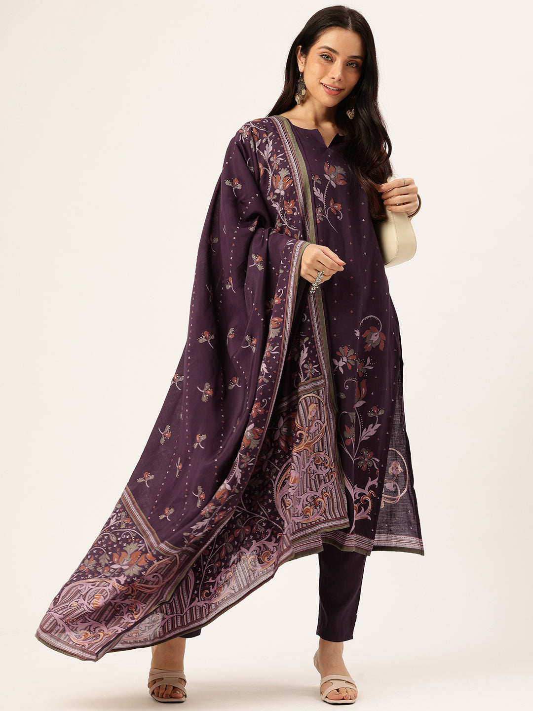 Purple Floral Printed Regular Kurta with Trouser & Dupatta