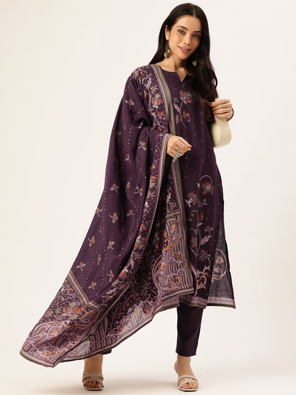 Purple Floral Printed Regular Kurta with Trouser & Dupatta