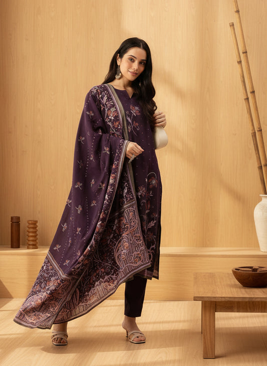 Purple Floral Printed Regular Kurta with Trouser & Dupatta, kurta set, Kurta with Trouser & Dupatta, floral printed kurta set

