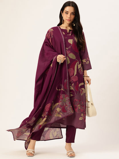 Purple Floral Printed Regular Kurta with Trouser & Dupatta