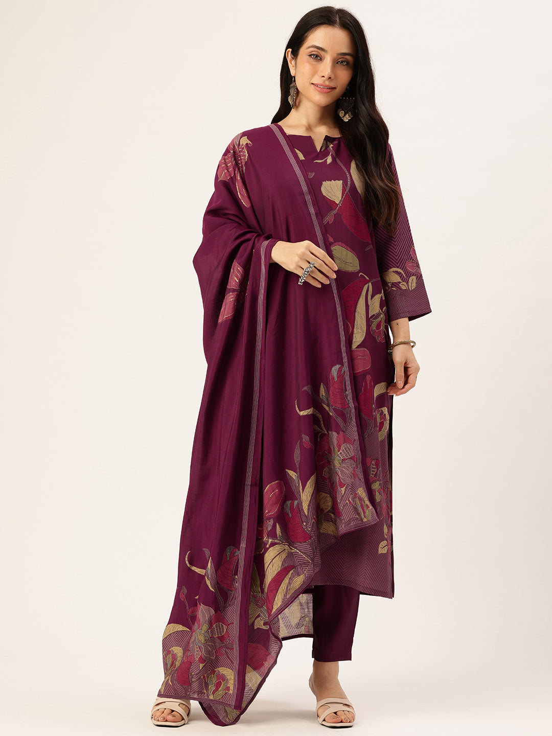 Purple Floral Printed Regular Kurta with Trouser & Dupatta